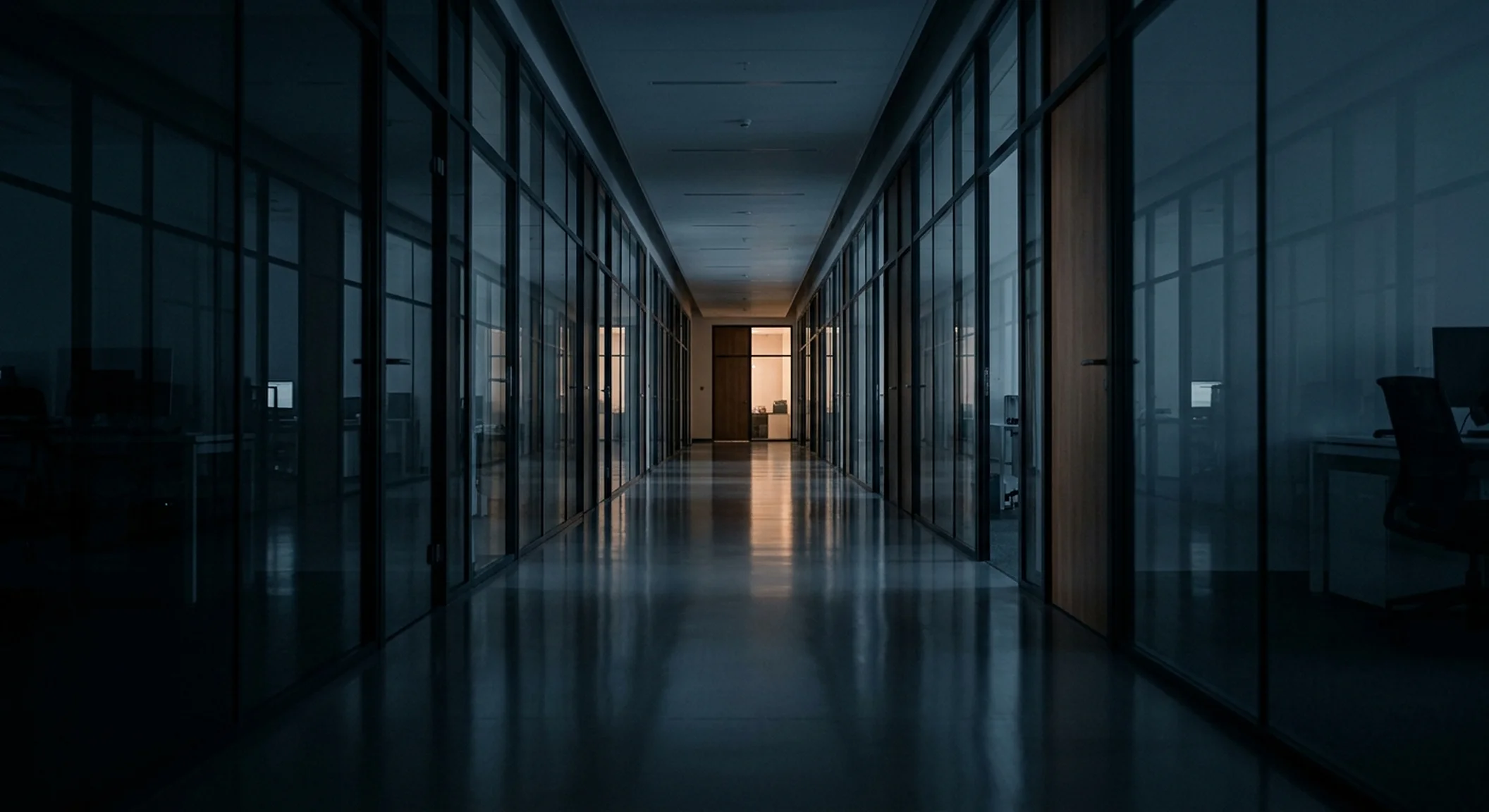 Coridor de birouri seara, cu o singură lumină aprinsă